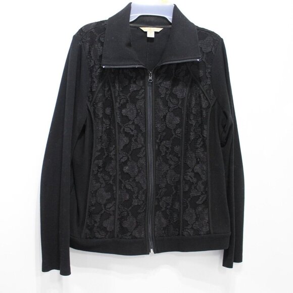 Laura Ashley Womens Black Lacy Full Zip Mid Length Basic Jacket Long Sleeve M - Picture 1 of 6